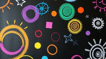 Colorful chalk art on blackboard, abstract shapes and patterns, close-up view.