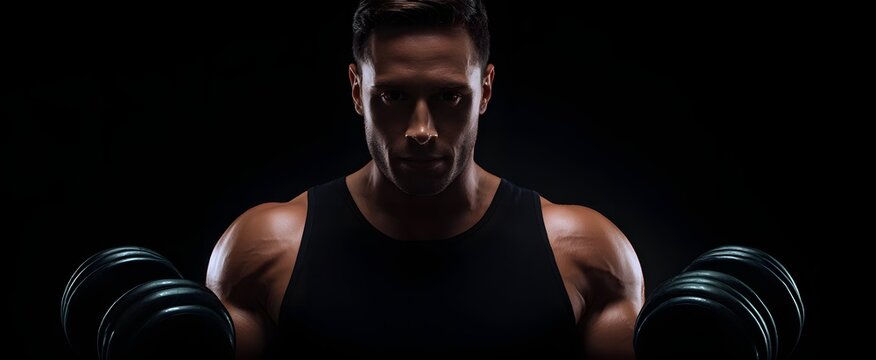 The muscular man powerfully lifting heavy dumbbells in a striking low key fitness portrait
