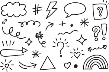 Hand Drawn Doodle Arrows Stars Hearts Clouds and Rainbow Sketch Decorative Elements