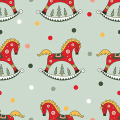 Retro Christmas-seamless pattern with rocking horses and confetti. Bright flat graphic style. Winter holiday background. Can be used for wallpaper, pattern fills, web page background, surface textures