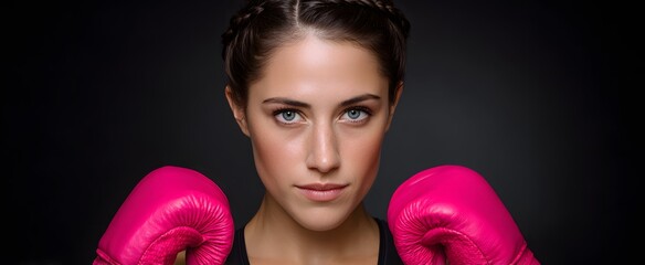 The female boxer in pink gloves stands poised strong for a vibrant fitness portrait.