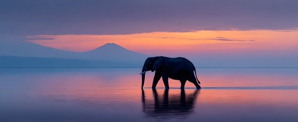 The elephant moves through shallow ocean waters near a distant volcano at sunrise.