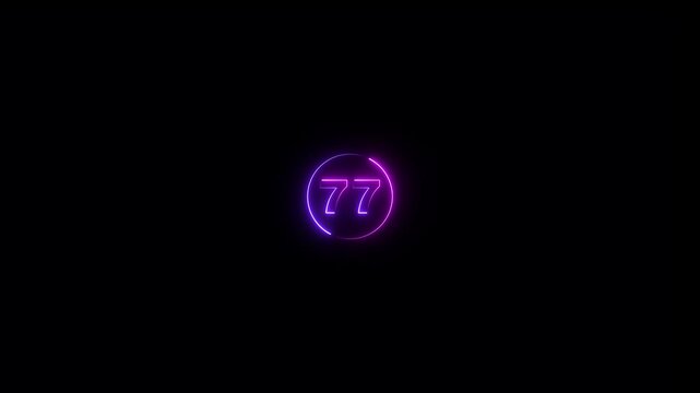 Abstract 77 text neon number animation on the black background. Glowing neon 77 number mathematics count text animation.