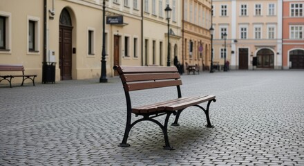 Solitary bench in an old european city square with historic buildings