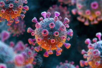 Close-up view of a coronavirus particle with spikes. The virus is depicted in vibrant colors, showcasing its structure and features. Ideal for health-related topics.