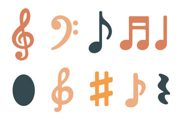 Colorful musical symbols illustrated on a white background for creative projects and designs