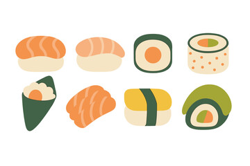 Colorful sushi assortment featuring various types of rolls and nigiri served on a white background