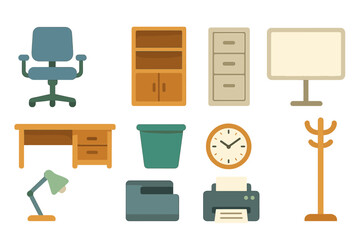 Workplace furniture and office supplies layout with colorful designs showcasing various items for organization and comfort