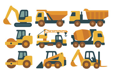Collection of construction vehicles in flat design on a colorful background