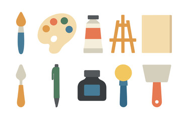 Art supplies arranged neatly including a paintbrush, palette, easel, and various tools for creative expression