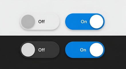A close up of on and off switches in light and dark mode with a white and black background theme
