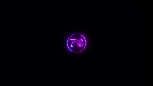 Abstract 79 text neon number animation on the black background. Glowing neon 79 number mathematics count text animation.