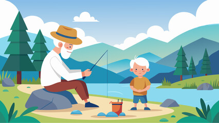 Grandfather fishing with grandson by a peaceful lake surrounded by mountains, trees and blue sky in a warm cartoon illustration