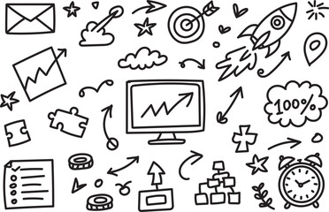 Hand Drawn Business Doodle Strategy Icons Growth and Startup Sketch Elements Set