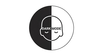 Dark mode icon with a face inside a circle split into black and white on a white background image