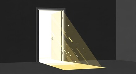 Open door emitting bright light into a dark room with particles floating in the illuminated space