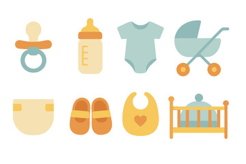 Colorful baby items such as pacifier, bottle, onesie, stroller, and crib arranged in a playful layout for child care essentials