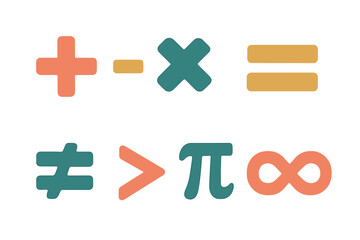 Mathematical symbols in different colors showcasing operations, inequalities, and constants in a creative layout