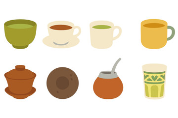 Different types of cups and bowls featuring various drinks in a simple, colorful arrangement