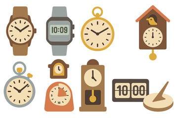 Various clock designs showcasing different styles and functions, perfect for teaching time concepts and clock recognition