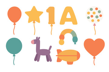 Bright and colorful balloon decorations for a child's birthday celebration featuring fun shapes and playful designs