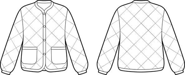 Quilted long sleeve jacket flat sketch with front pockets and snap button closure, fashion technical drawing, apparel design illustration, outerwear template