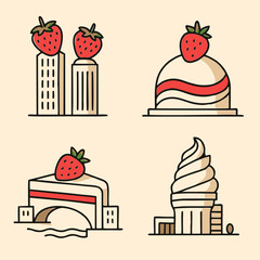 Fototapeta premium A creative illustration transforming strawberries and desserts into architectural landmarks.