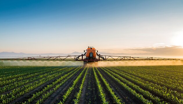 Agricultural sprayer irrigating green crop rows at sunrise on farm.
