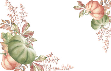 Watercolor autumn botanical border in pastel colors isolated. Rustic squash and foliage in neutral palette. Hand painted autumn corner frame design for seasonal product labels and packaging.