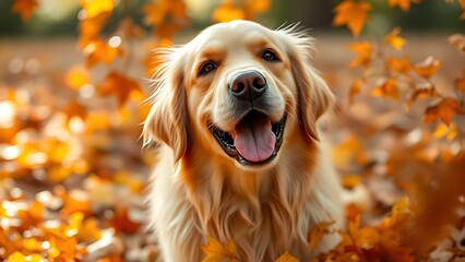 A playful Golden Retriever surrounded by autumn leaves, capturing the essence of seasonal joy.