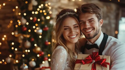 Bride and groom in wedding attire holding wrapped holiday gifts with Christmas lights in background, festive atmosphere, cozy celebration and joyful seasonal romance