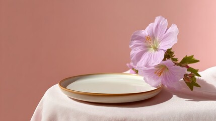 A white plate with a pink flower on it. The plate is on a table with a pink background