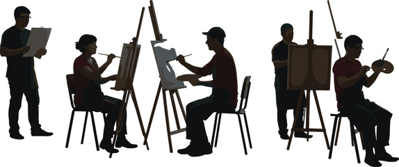 Art class silhouettes, creative workshop, painting students, drawing session, artistic expression, studio learning, canvas practice, group creativity, visual arts, teamwork