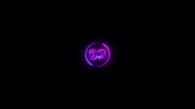 Abstract 83 text neon number animation on the black background. Glowing neon 83 number mathematics count text animation.