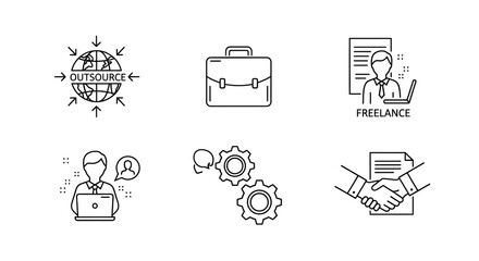 A collection of line art icons representing outsourcing, freelancing, and business agreements