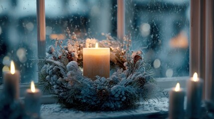Frosted window with Christmas wreath and glowing candles inside,