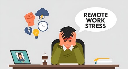 Stressed man at desk with laptop and coffee cup surrounded by anxiety related icons and text bubble