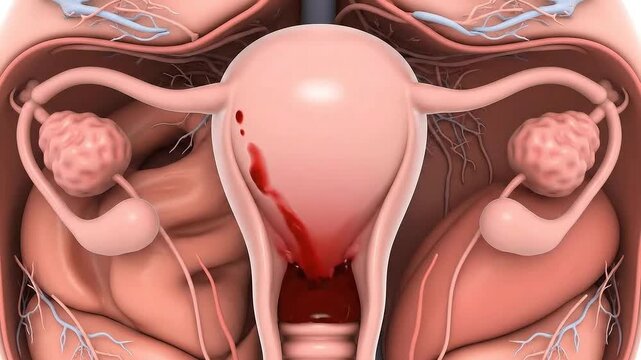 3D Render Showing Normal Uterus with Ovaries and Fallopian Tubes for Woman Anatomy Study with Bleeding Isolated on White for
