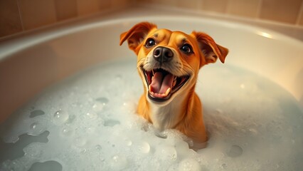 A joyful dog playing in a bathtub filled with bubbles, capturing a moment of pure happiness.