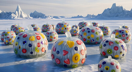 A snowy landscape with ice mountains and fruit decorated pumpkins scattered across the frozen surface