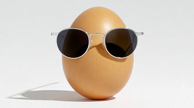 An egg with sunglasses on its face. The sunglasses are black and the egg is yellow. The image has a playful and humorous mood