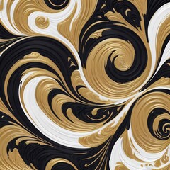 Swirling abstract texture with black white and gold liquid paint brush strokes Pattern