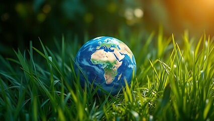 Earth symbolically surrounded by lush grass, representing environmental harmony in naturalistic tones.