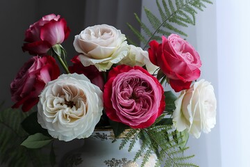 Bouquet of roses in a vase near the window with natural light indoors