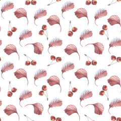 Vintage Crab apple and foliage watercolor seamless pattern isolated white. Red wild apples branches and autumn leaves in muted palette. Hand drawn botanical autumn repeat for textile, wallpaper.