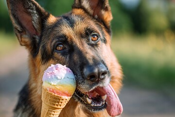 A German Shepherd dog holds an ice cream cone in its mouth. The dog has a brown and black coat with expressive eyes and a playful demeanor.