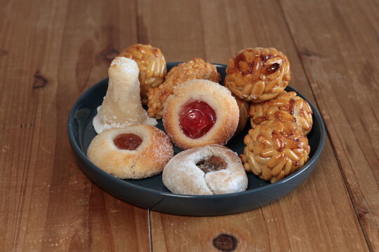 Assorted marzipan panellets, a traditional catalan sweet pastry, serving for all saints' day and autumn celebrations