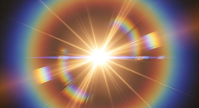 A bright light source with lens flare effect and rainbow colored halo surrounding the light source - Powered by Adobe