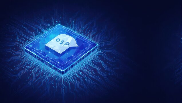Digital Chip with OSP Logo Glowing with Blue Energy and Data Streams.