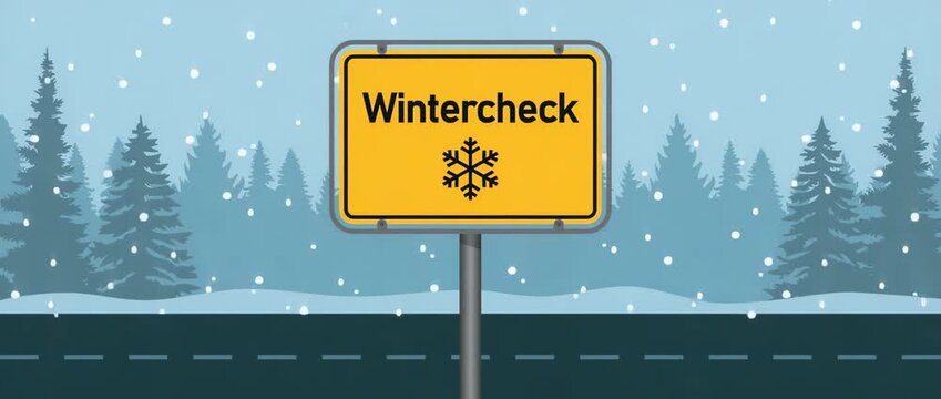 asphalted road in winter landscape with winter check traffic sign illustrated animation